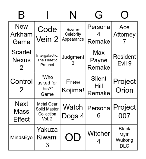 Summer Game Fest 2025 Bingo Card