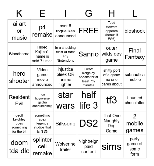 KEIGH: Bingo Card