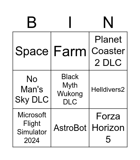 Summer Game Awards Bingo Card