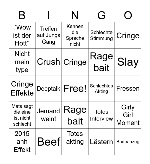 Mädchen Wg Bingo Card