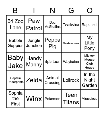 Kids TV Bingo Card