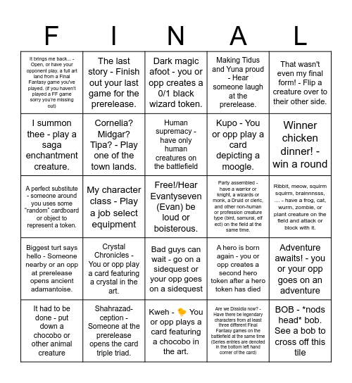 Final Fantasy prerelease Bingo Card