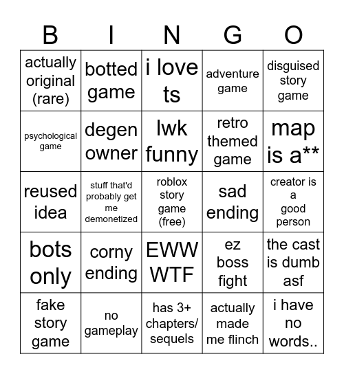 roblox story game list Bingo Card