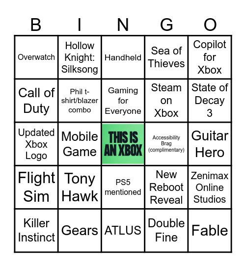 2025 Xbox Games Showcase Bingo Card