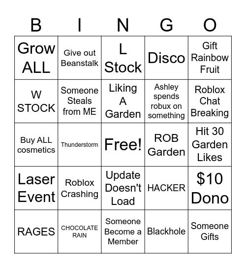 GROW A GARDEN UPDATE Bingo Card