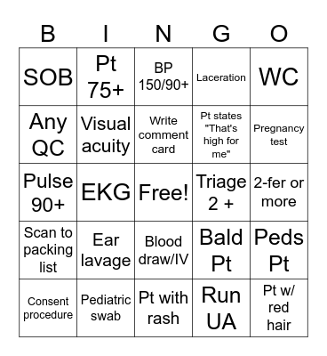 Camas Urgent Care Bingo Card
