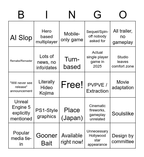 Summer Games Fest 2025 Bingo Card