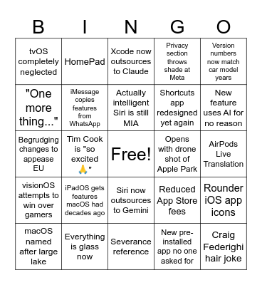 WWDC 25 Bingo Card