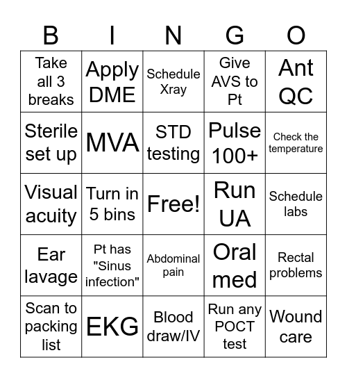 Camas Urgent Care Bingo Card