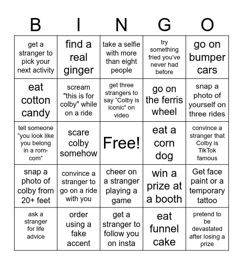 Colby's Carnival Adventure Bingo Card