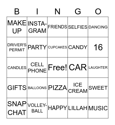 LILLAH'S SWEET 16 BINGO Card