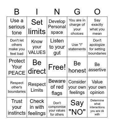 Healthy Boundaries Bingo Card