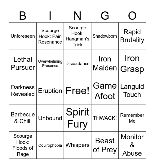 DBD killer perks Bingo Card