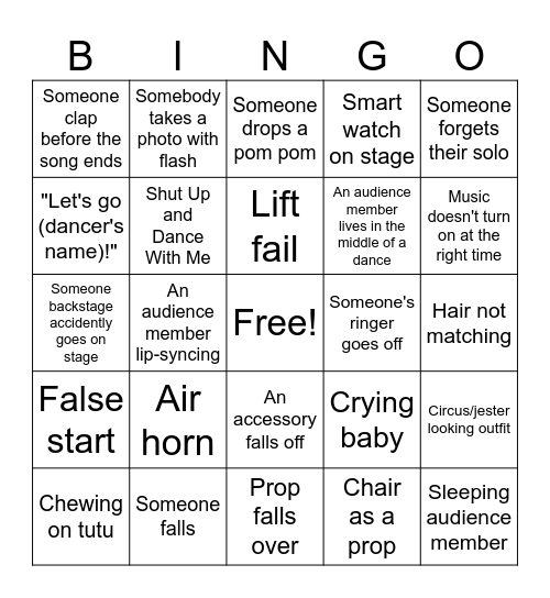 Dance Recital Bingo Card
