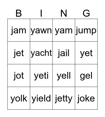 /y/ and /j/ sounds Bingo Card