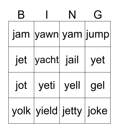 /y/ and /j/ sounds Bingo Card