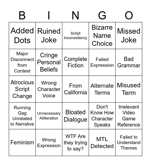 Localizer Sins Bingo Card