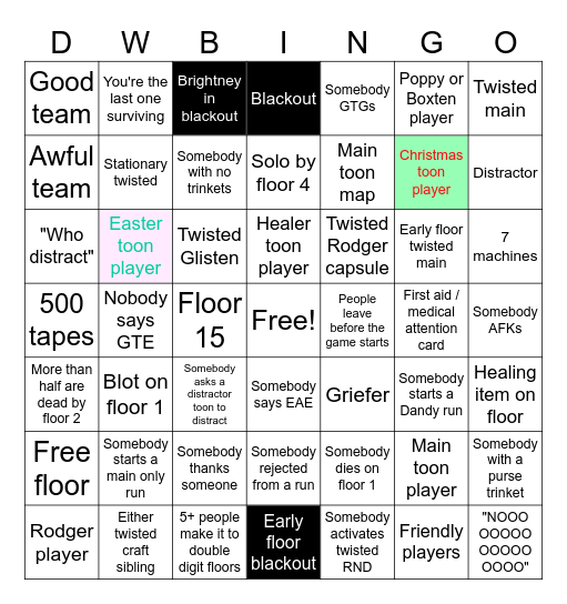 Dandy's World Bingo (DWbingo) V1 Bingo Card
