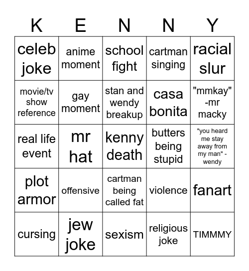 South Park Bingo Card