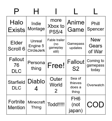 Xbox Event Bingo Card