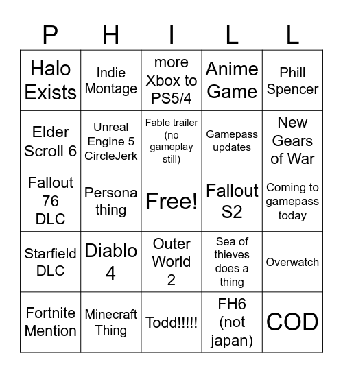 Xbox Event Bingo Card