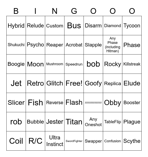 Slap Battles Gloves Bingo Card