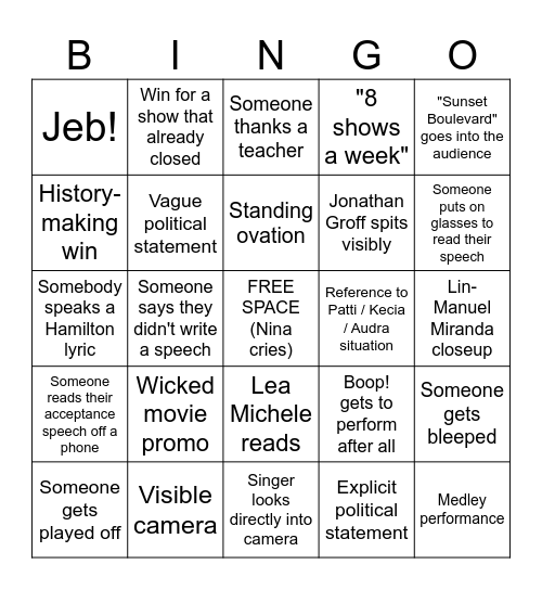 Tony Awards 2025 Bingo Card
