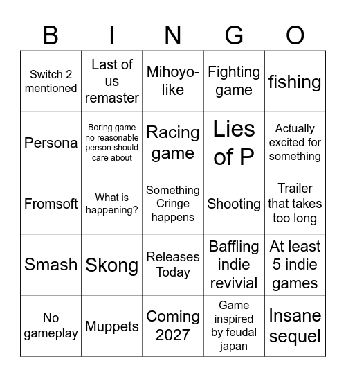 Summer games fest Bingo Card