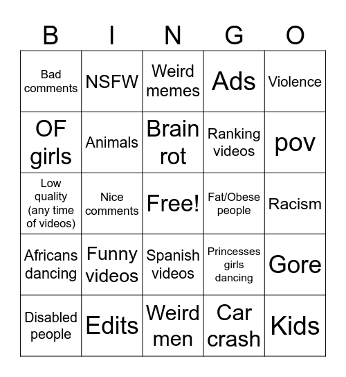 Instagram reels Bingo Card
