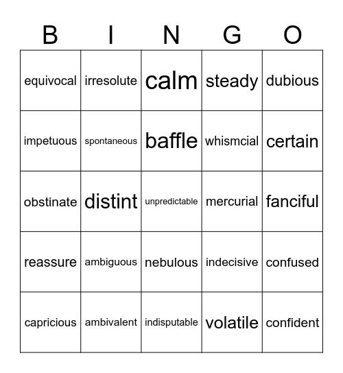 Uncertainty Words Bingo Card