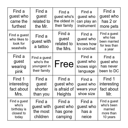 FIND THE GUEST BINGO Card