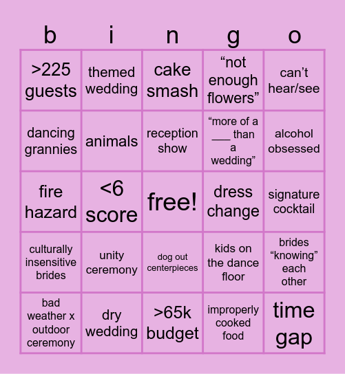 four weddings bingo Card