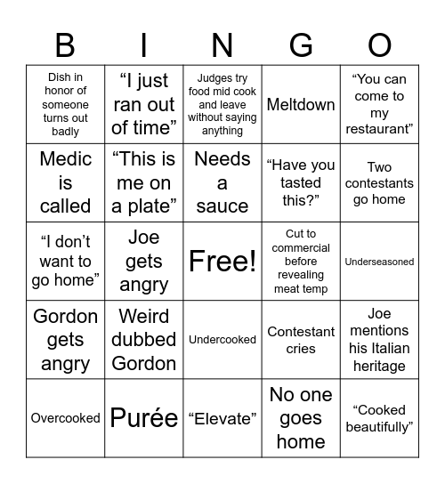 Master Chef Bingo Card