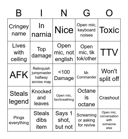 Apex Legends Random Bingo Card