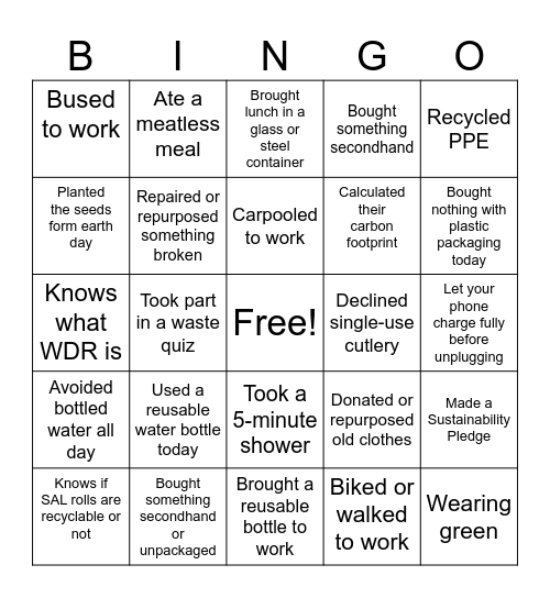 Sustainability Bingo Card