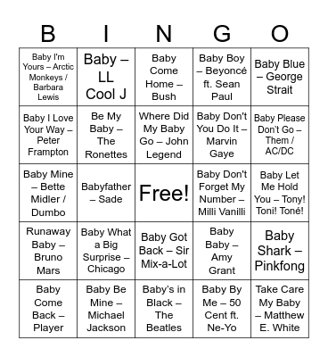 Name That "BABY" Song Bingo Card