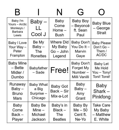 Name That "BABY" Song Bingo Card