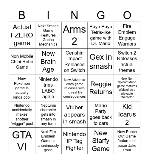Jayce Switch 2 Bingo Card
