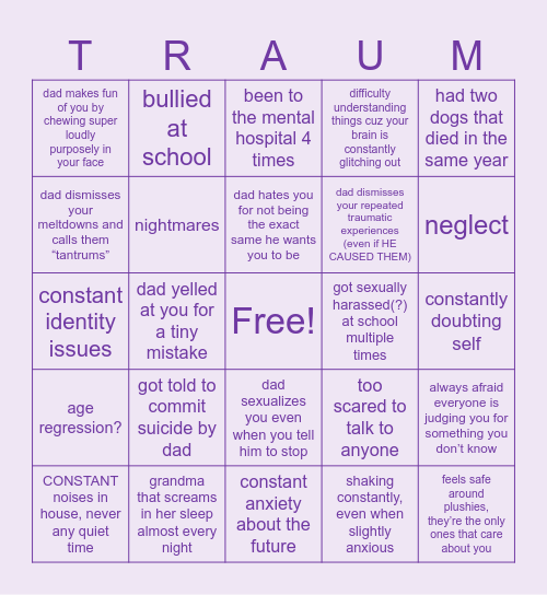 ptsd bingo (my experiences) Bingo Card