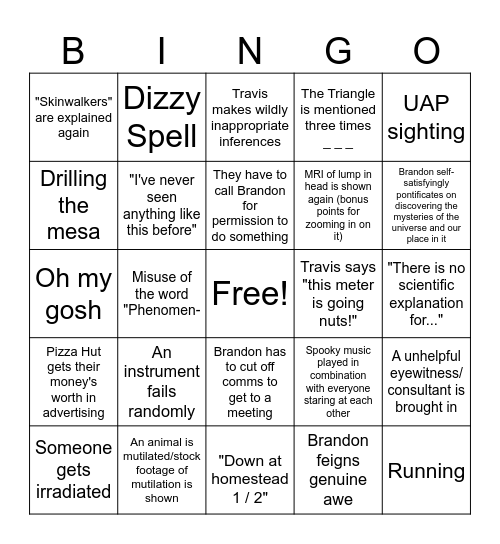 Skinwalker Ranch Bingo Card