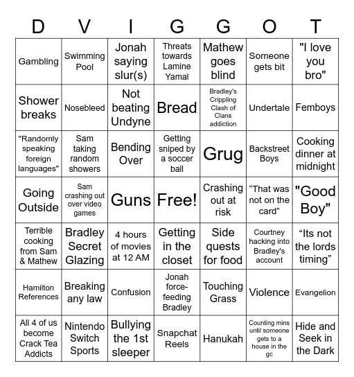 Sleepover Bingo Card