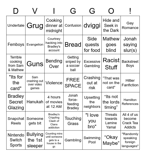 Sleepover Bingo Card