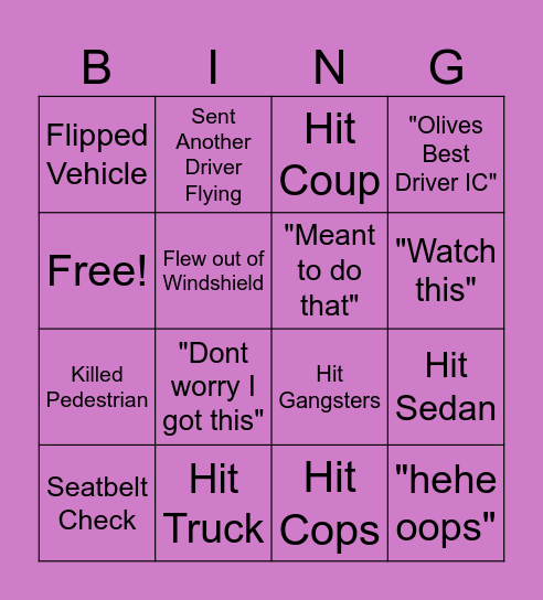 Olives Driving Adventures Bingo Card