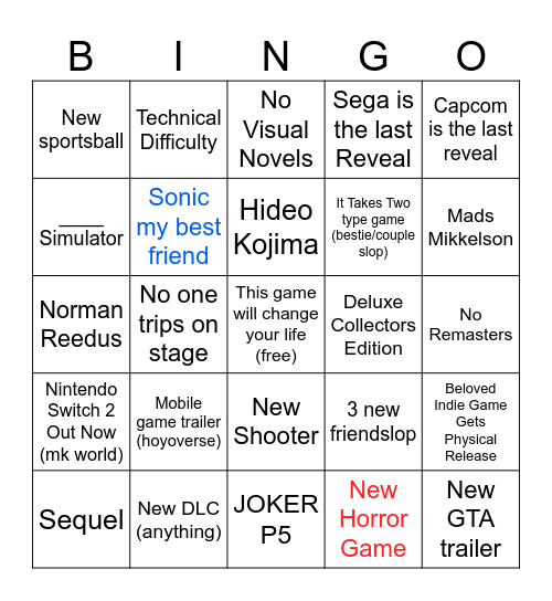 Summer Games Fest 2025 Bingo Card