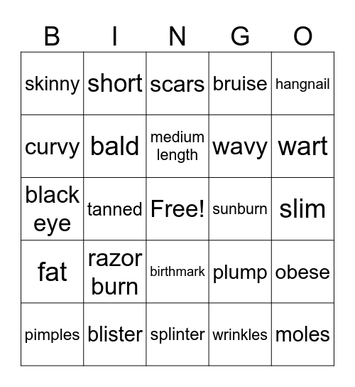 Descriptions Bingo Card