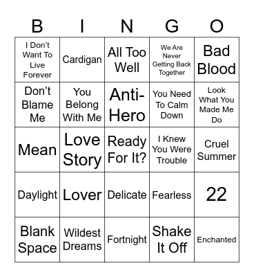 Taylor Bingo Card