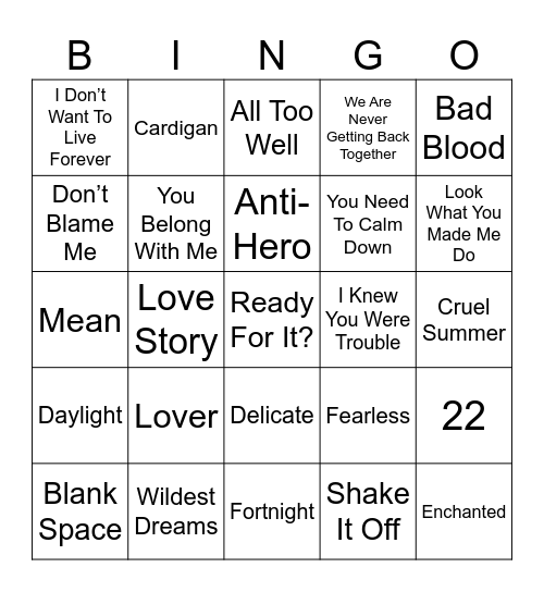 Taylor Bingo Card