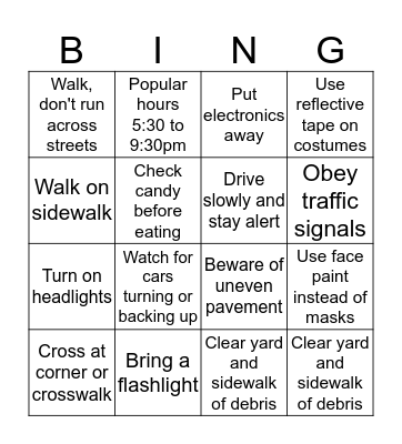 Halloween Saftey Bingo Card