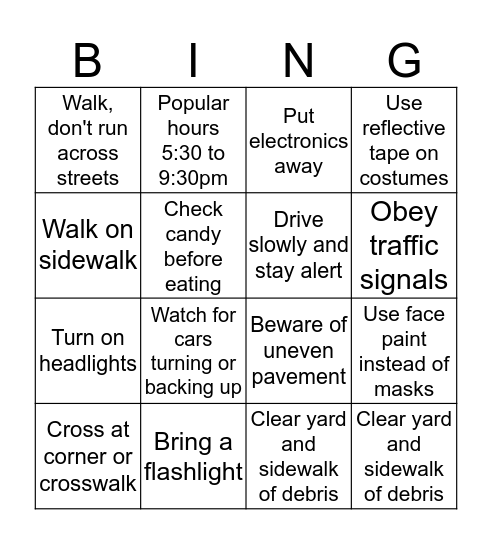 Halloween Saftey Bingo Card