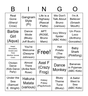 Kids Songs Bingo Card
